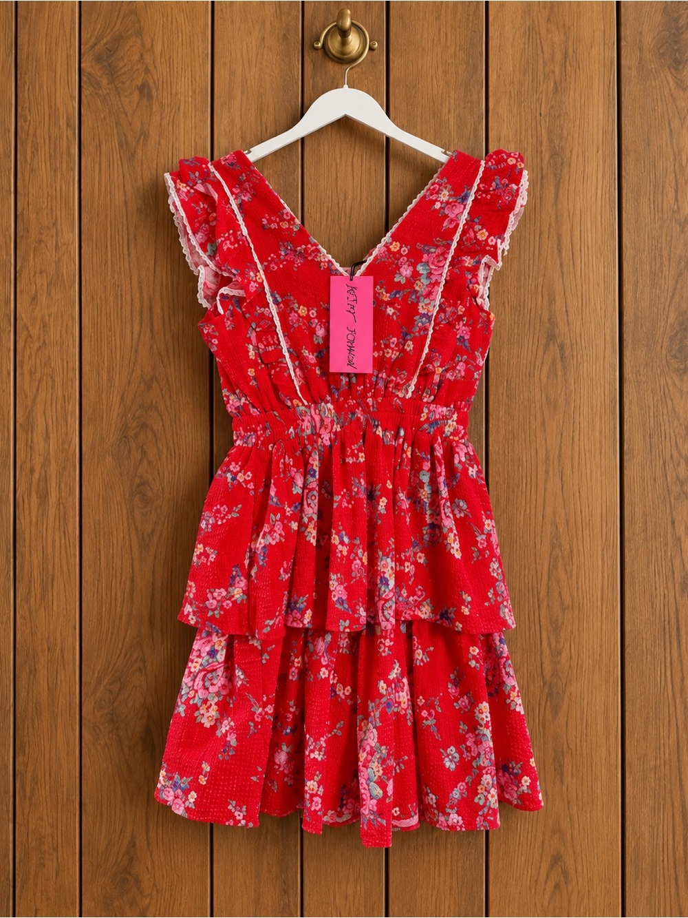 NWT Betsey Johnson Red Floral Ruffle Mini Dress Small Romantic Coquette